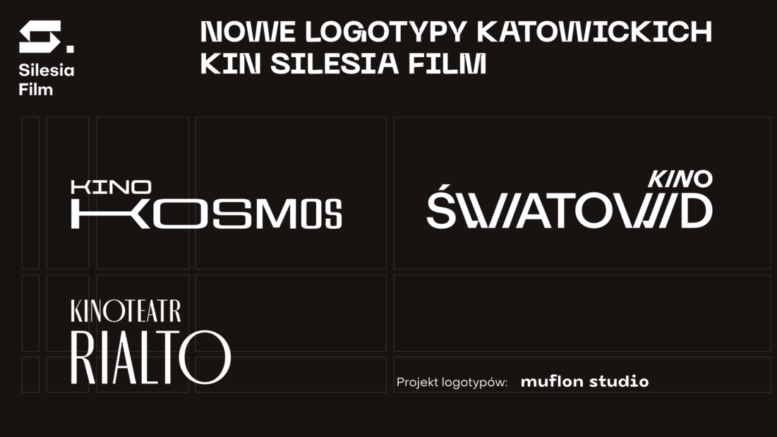 Czarna plansza z logotypami kin: Kosmos, Światowid i Rialto.