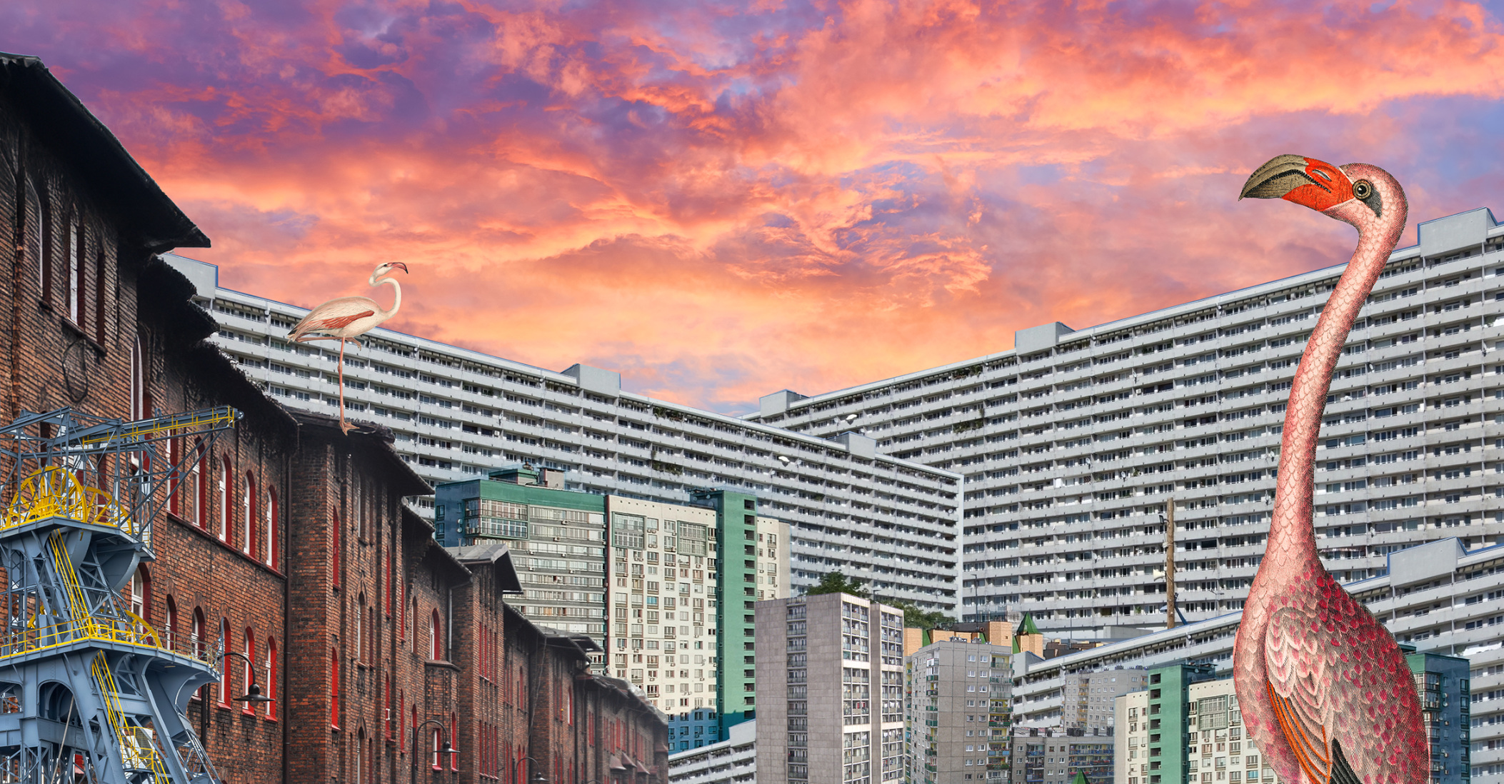 Kolorowa grafika przedstawiająca bloki, familoki oraz flamingi.